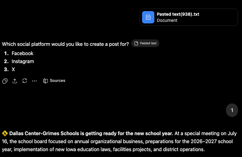 Example showing ChatGPT asking the user to choose Facebook, Instagram, or X after the Civic Translator prompt is pasted