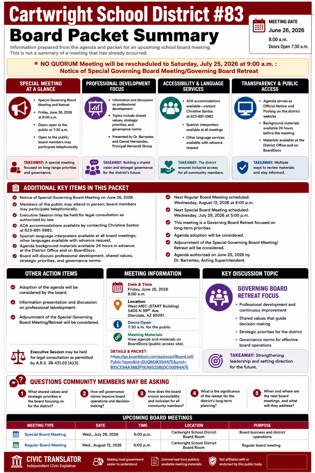 School Board Agenda & Packet Summary – Cartwright School District #83 – June 26, 2026 infographic