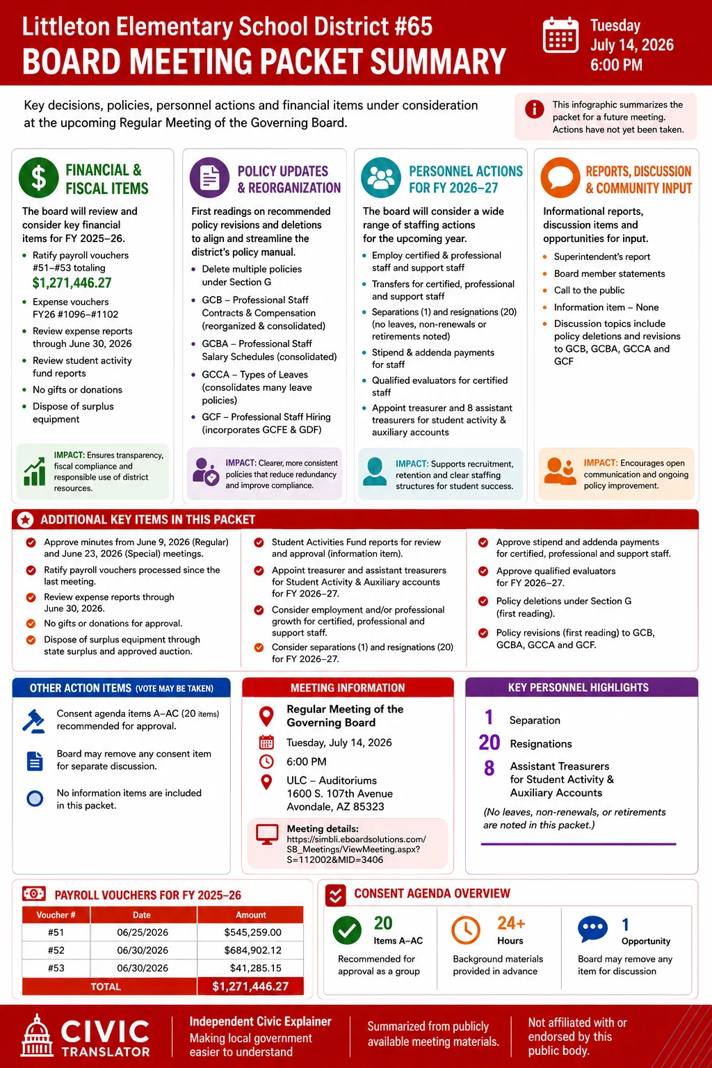 School Board Agenda & Packet Summary – LESD65 – July 14, 2026 infographic