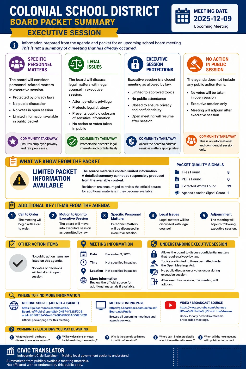 School Board Agenda & Packet Summary – Colonial School District – December 9, 2025 infographic
