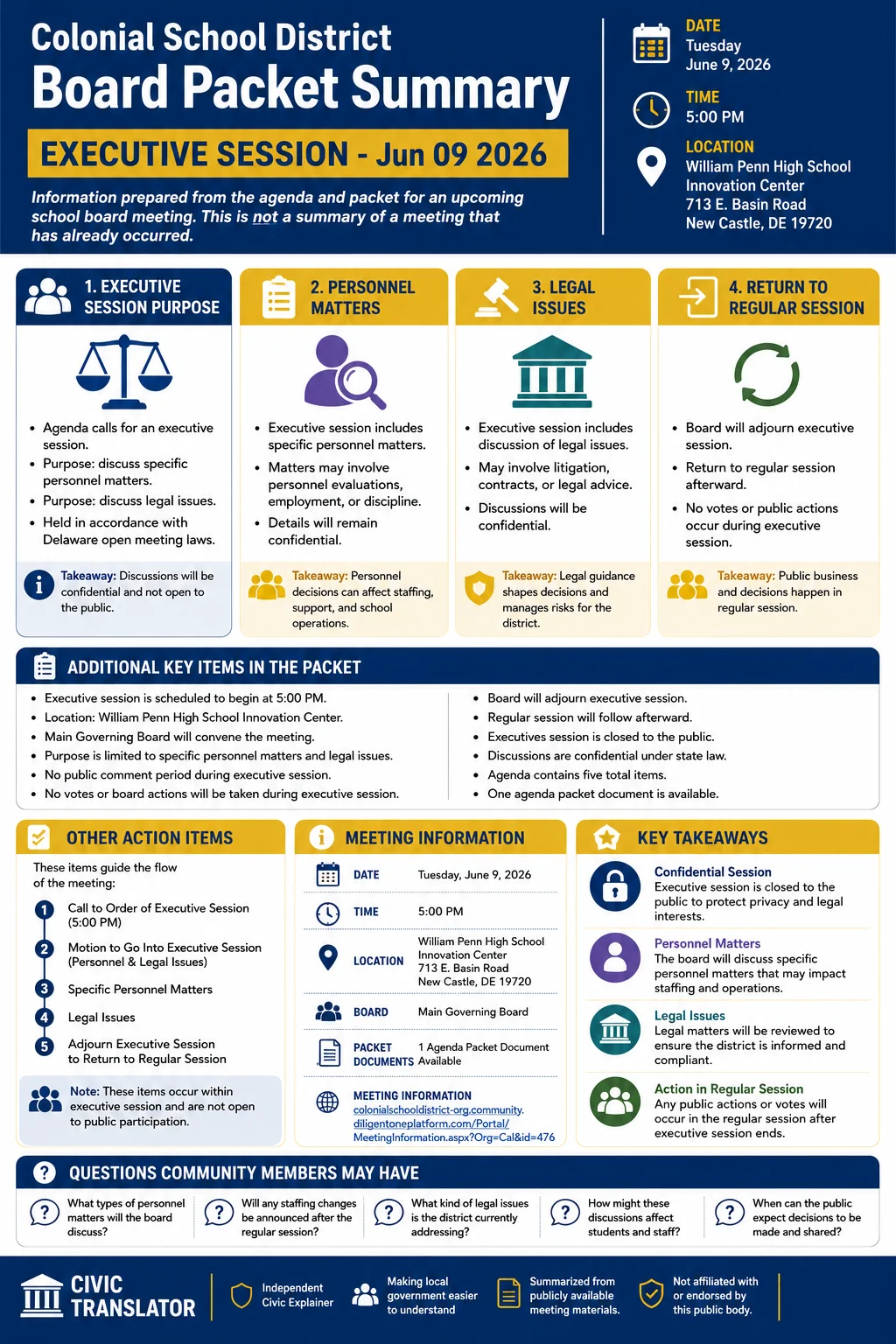 School Board Agenda & Packet Summary – Colonial School District – June 9, 2026 infographic