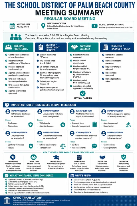 The School District of Palm Beach County — School Board Meeting Summary — July 15, 2026 infographic