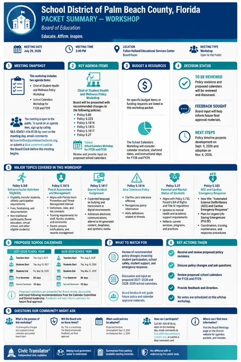 The School District of Palm Beach County — School Board Packet Summary — July 29, 2026 infographic