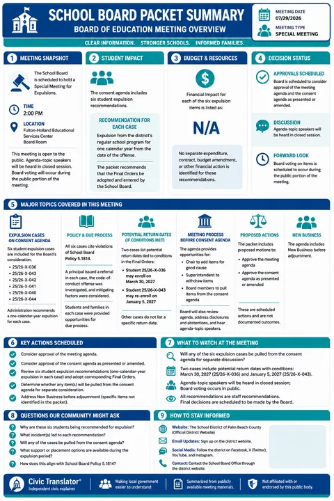The School District of Palm Beach County — School Board Packet Summary — July 29, 2026 infographic
