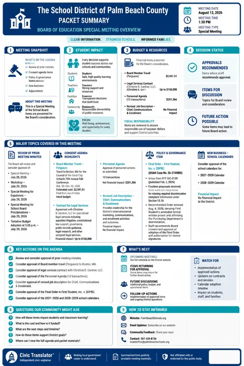 The School District of Palm Beach County — School Board Packet Summary — August 12, 2026 infographic