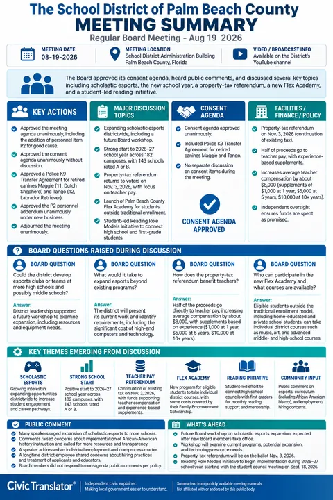 The School District of Palm Beach County — School Board Meeting Summary — August 19, 2026 infographic