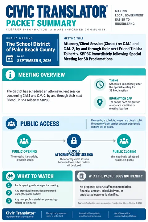 The School District of Palm Beach County — School Board Meeting — Agenda Summary — September 9, 2026 infographic