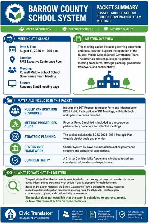 Barrow County School System — School Board Packet Summary — August 11, 2026 infographic