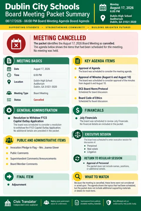 Dublin City Schools — School Board Packet Summary — August 17, 2026 infographic