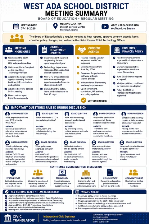 West Ada School District — School Board Meeting Summary — July 13, 2026 infographic