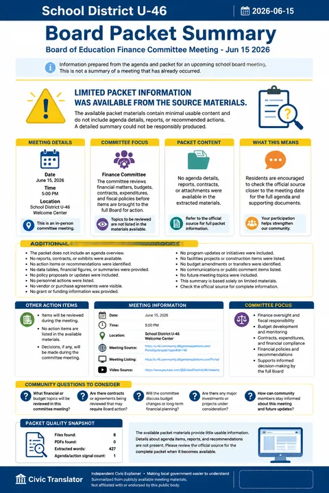 School District U-46 — School Board Packet Summary — June 15, 2026 infographic
