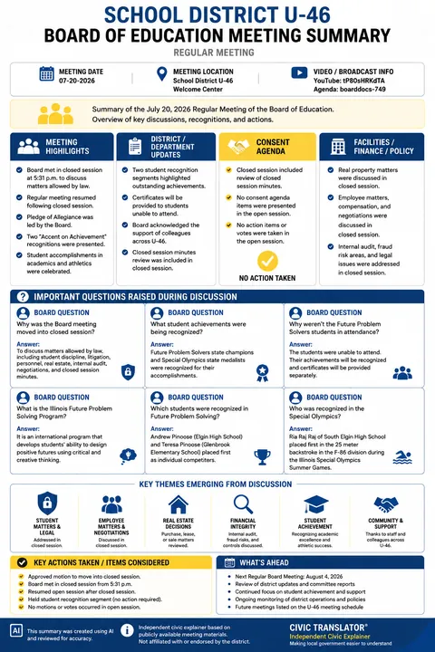 School District U-46 — School Board Meeting Summary — July 20, 2026 infographic