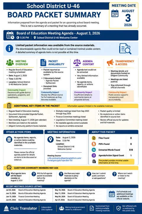 School District U-46 — School Board Packet Summary — August 3, 2026 infographic