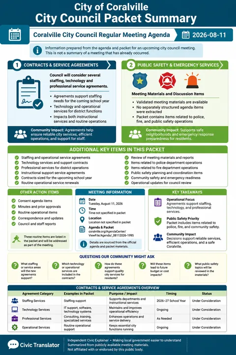 City of Coralville — City Council Packet Summary — August 11, 2026 infographic