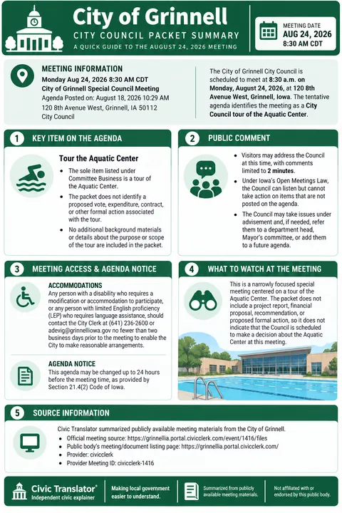 City of Grinnell — City Council Packet Summary — August 24, 2026 infographic