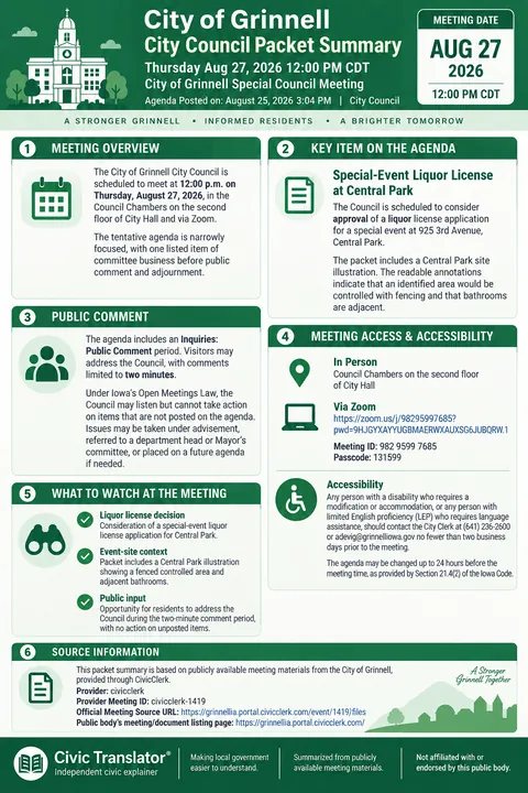 City of Grinnell — City Council Packet Summary — August 27, 2026 infographic