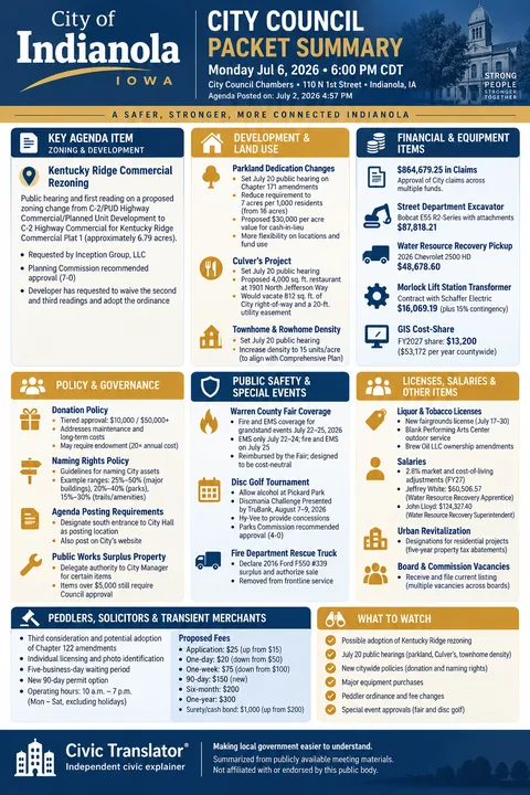City of Indianola — City Council Packet Summary — July 6, 2026 infographic