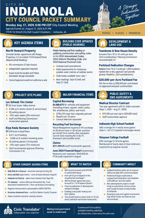 City of Indianola — City Council Packet Summary — August 17, 2026 infographic