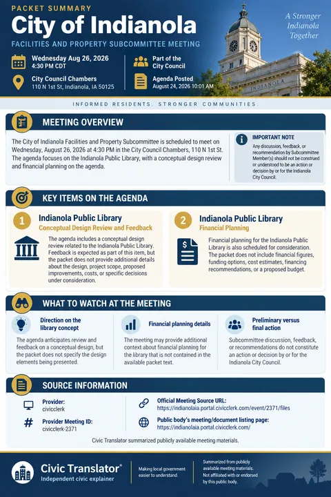 City of Indianola — City Council Packet Summary — August 26, 2026 infographic