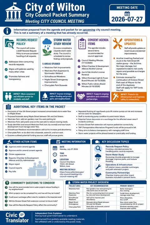 City of Wilton — City Council Packet Summary — July 27, 2026 infographic