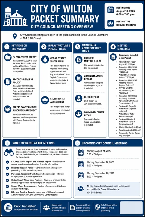 City of Wilton — City Council Packet Summary — August 10, 2026 infographic