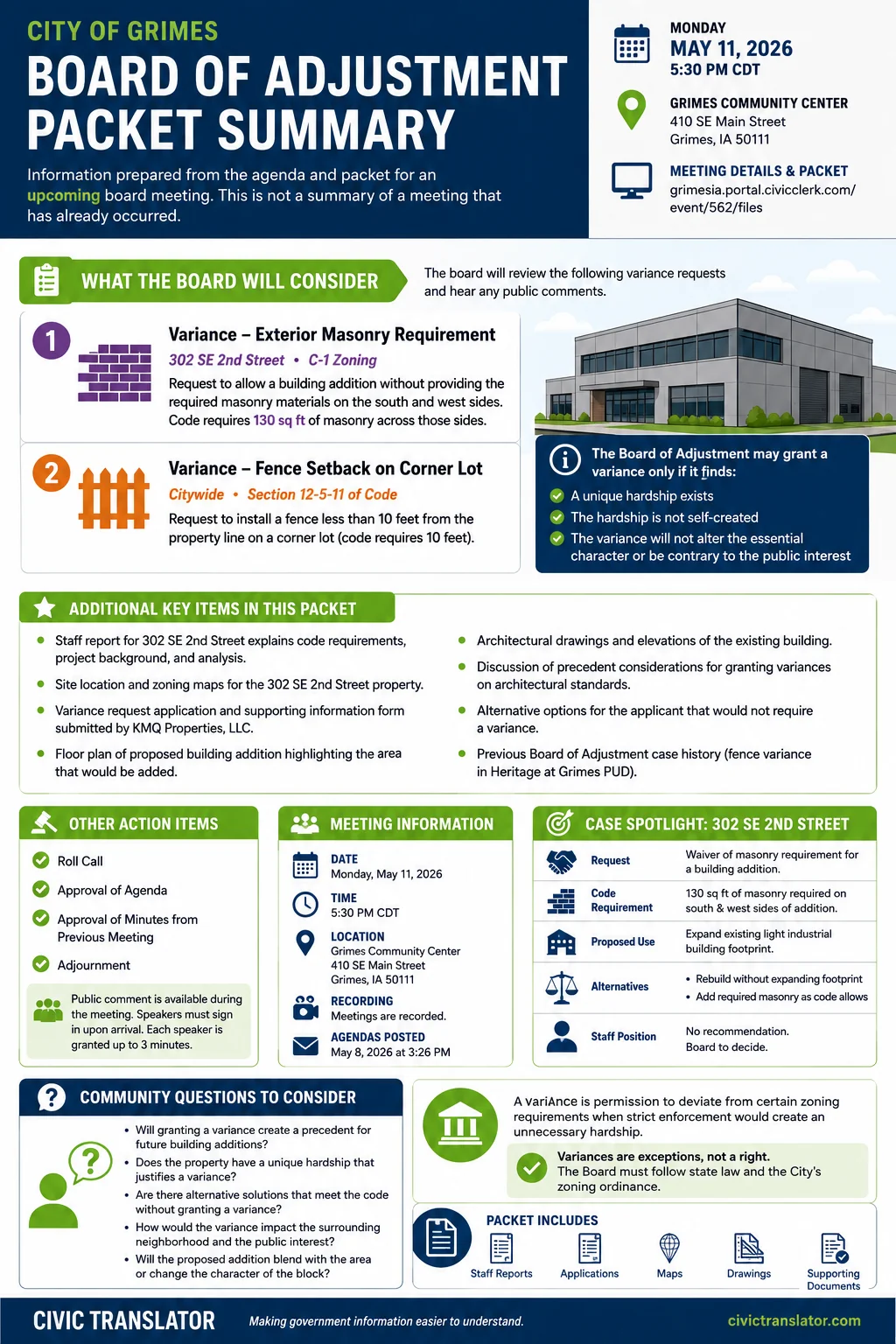 City Council Agenda & Packet Summary – Grimes City Council – May 11, 2026 infographic