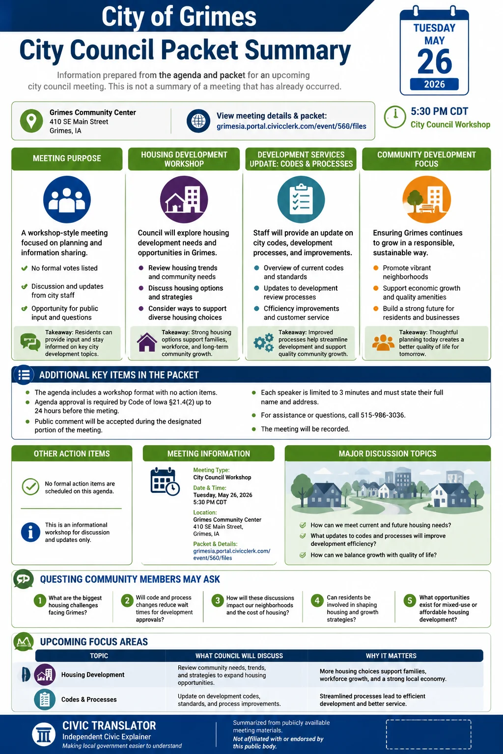 City Council Agenda & Packet Summary – Grimes City Council – May 26, 2026 infographic