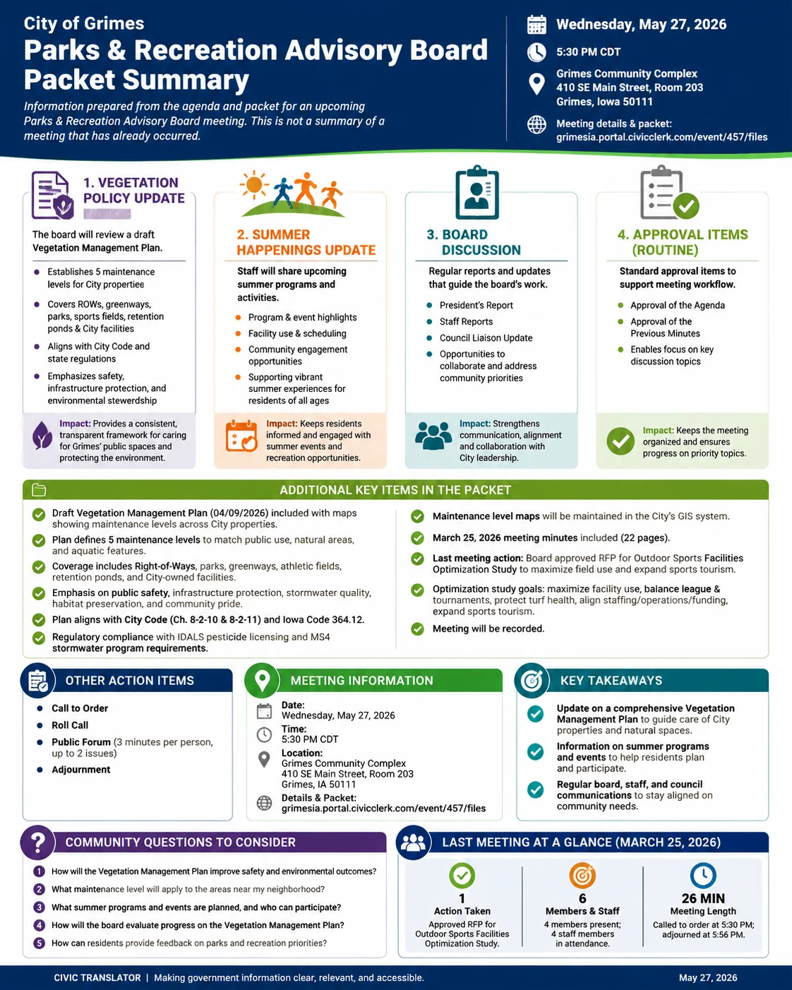 City Council Agenda & Packet Summary – Grimes City Council – May 27, 2026 infographic
