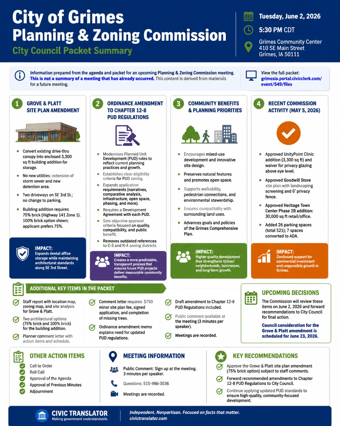 City Council Agenda & Packet Summary – Grimes City Council – June 2, 2026 infographic