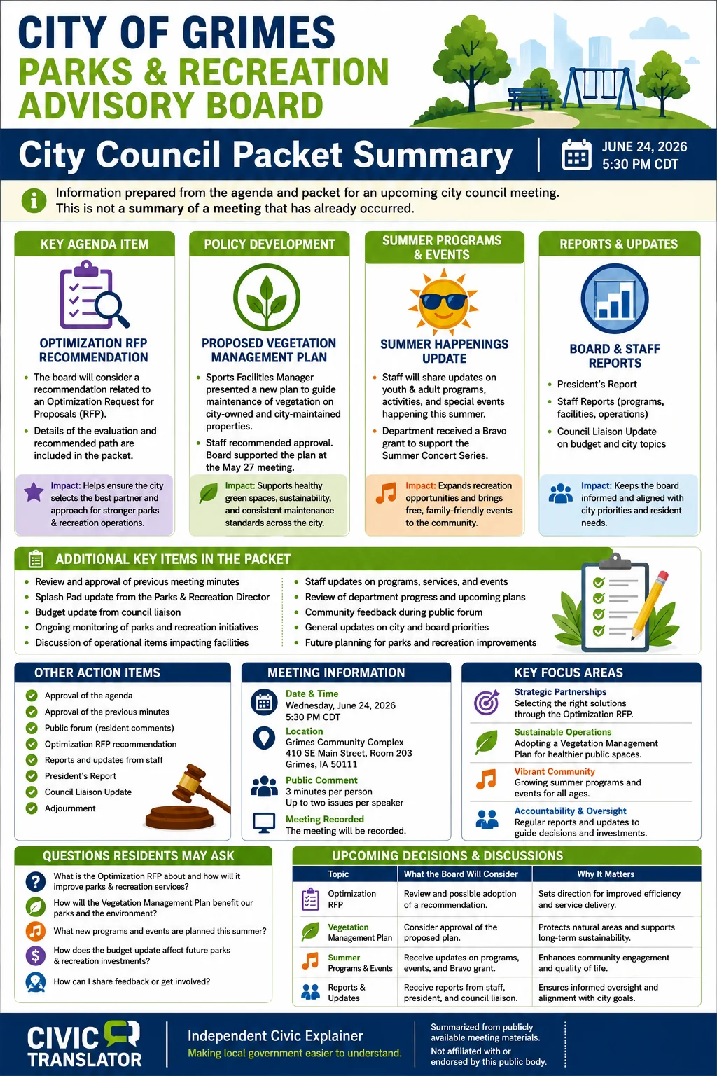 City Council Agenda & Packet Summary – Grimes City Council – June 24, 2026 infographic