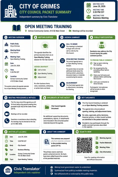 City of Grimes — City Council Packet Summary — June 25, 2026 infographic