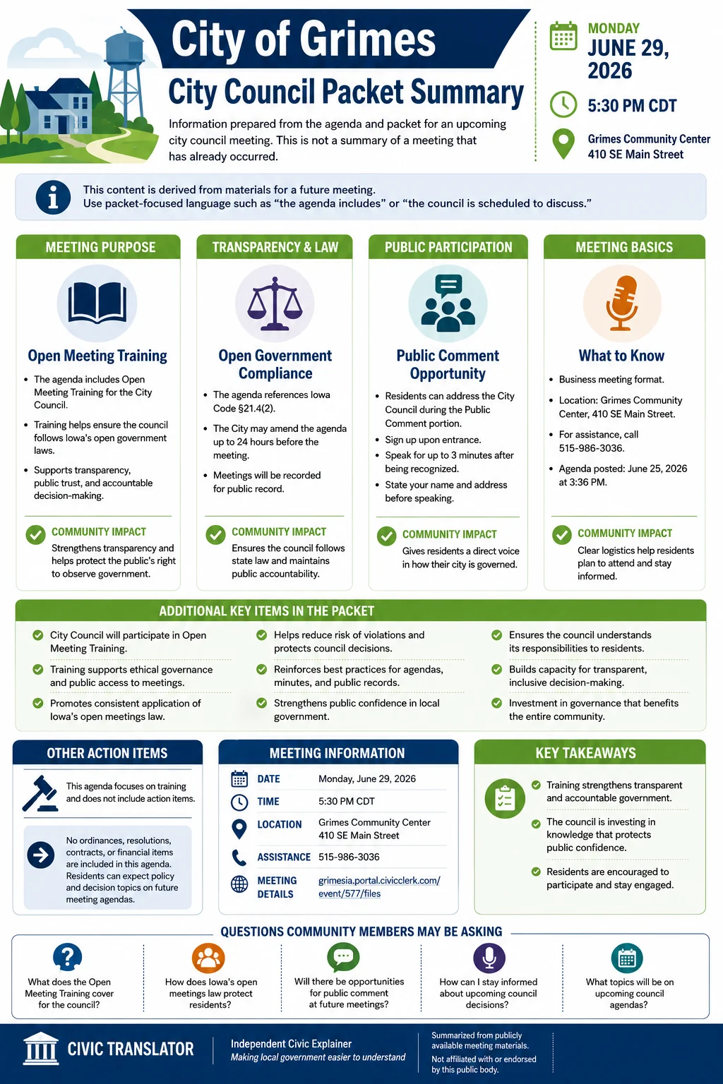 City Council Agenda & Packet Summary – Grimes City Council – June 29, 2026 infographic