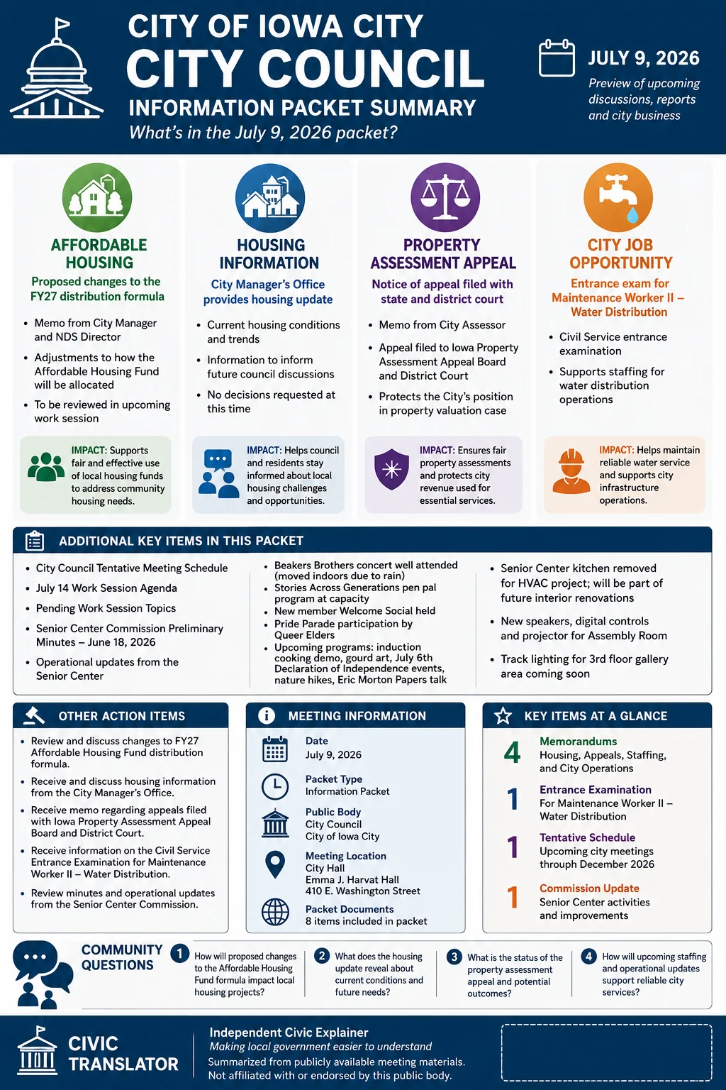 City Council Agenda & Packet Summary – City of Iowa City – July 9, 2026 infographic