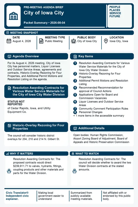 City of Iowa City — City Council Packet Summary — August 4, 2026 infographic
