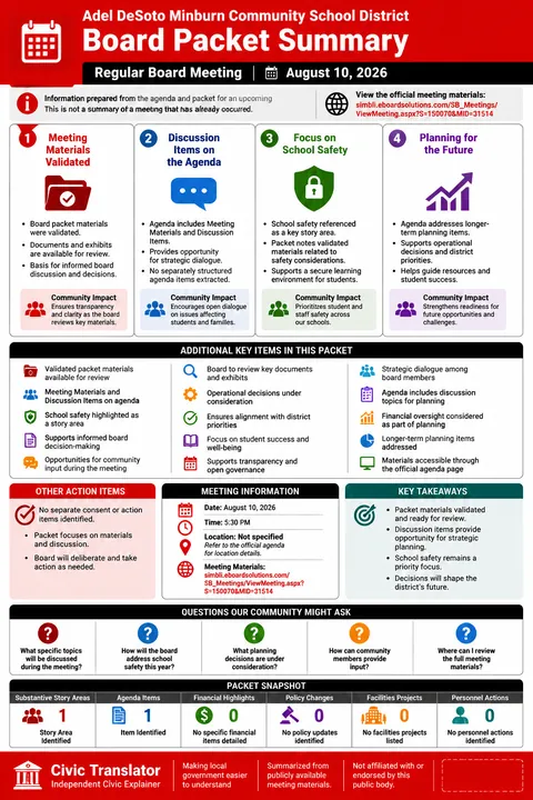 Adel DeSoto Minburn Community School District — School Board Packet Summary — August 10, 2026 infographic