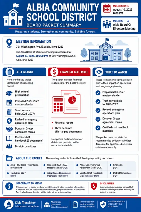 Albia Community School District — School Board Packet Summary — August 10, 2026 infographic