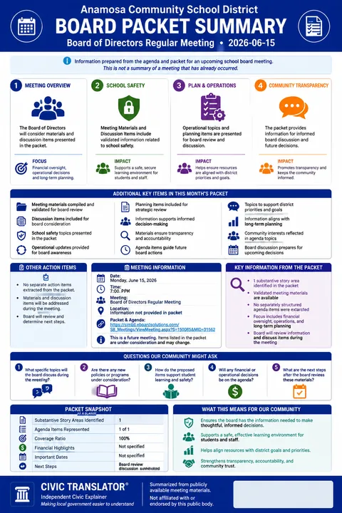 Anamosa Community School District — School Board Packet Summary — June 15, 2026 infographic