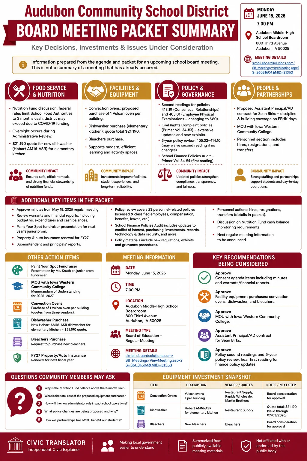 School Board Agenda & Packet Summary – Audubon Community School District – June 15, 2026 infographic