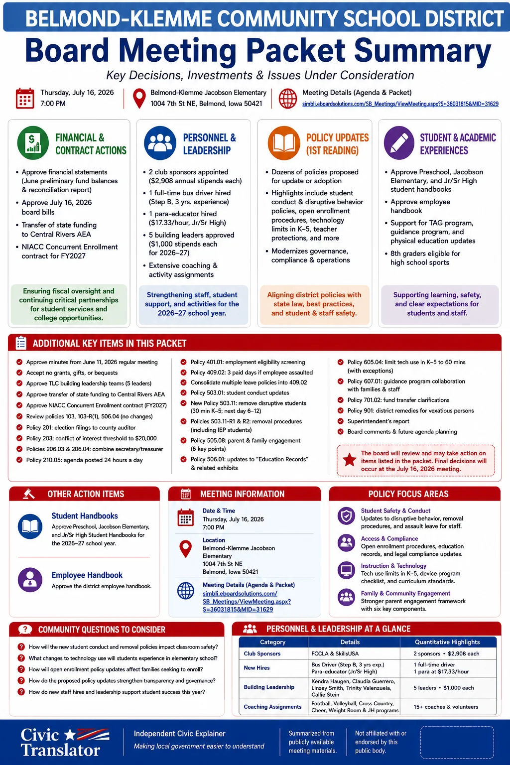 School Board Agenda & Packet Summary – Belmond-Klemme Community School District – July 16, 2026 infographic