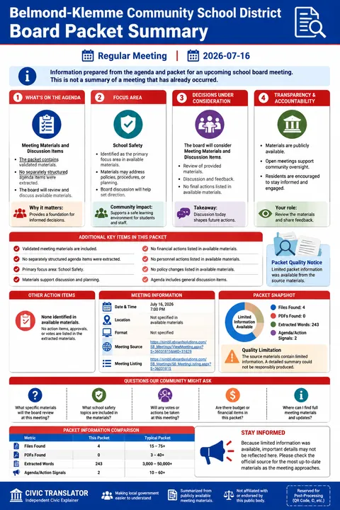 Belmond-Klemme Community School District — School Board Packet Summary — July 16, 2026 infographic