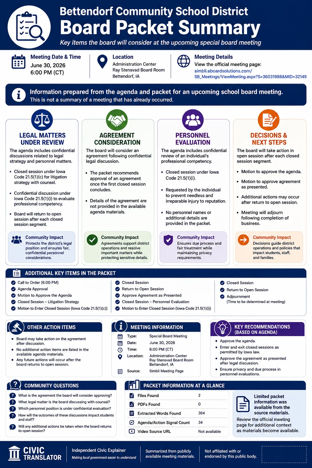 School Board Agenda & Packet Summary – Bettendorf Community School District – June 30, 2026 infographic