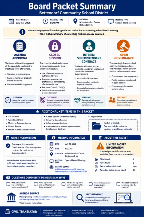 Bettendorf Community School District — School Board Packet Summary — July 13, 2026 infographic
