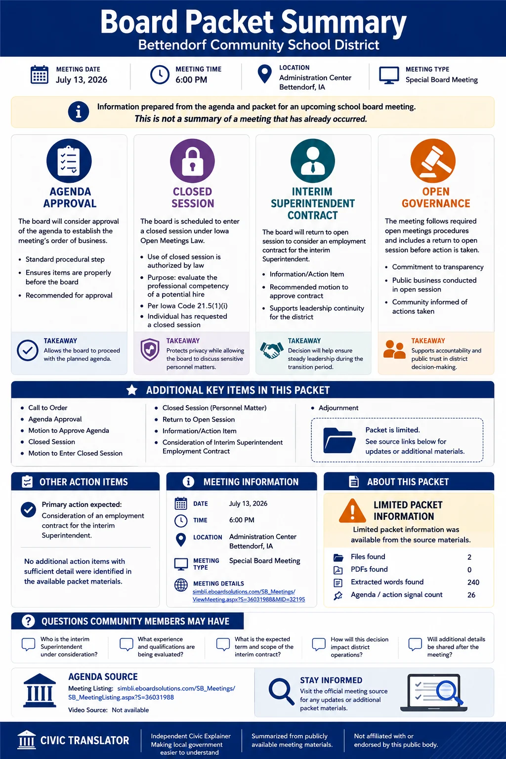 School Board Agenda & Packet Summary – Bettendorf Community School District – July 13, 2026 infographic