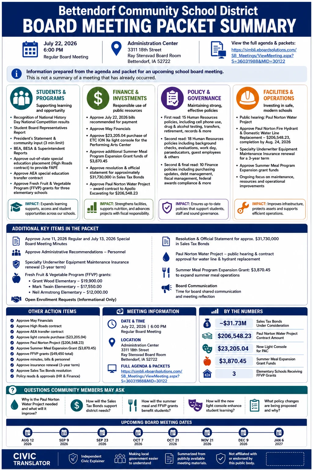 School Board Agenda & Packet Summary – Bettendorf Community School District – July 22, 2026 infographic