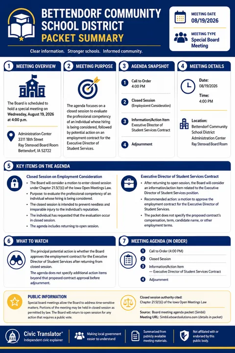 Bettendorf Community School District — School Board Packet Summary — August 19, 2026 infographic
