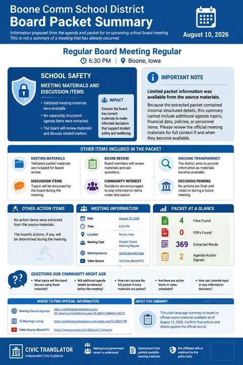 Boone Comm School District — School Board Packet Summary — August 10, 2026 infographic