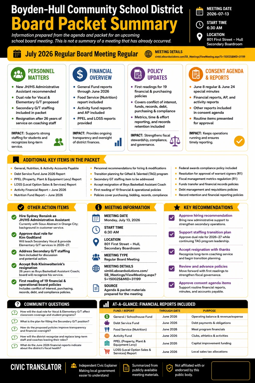 School Board Agenda & Packet Summary – Boyden-Hull Community School District – July 13, 2026 infographic