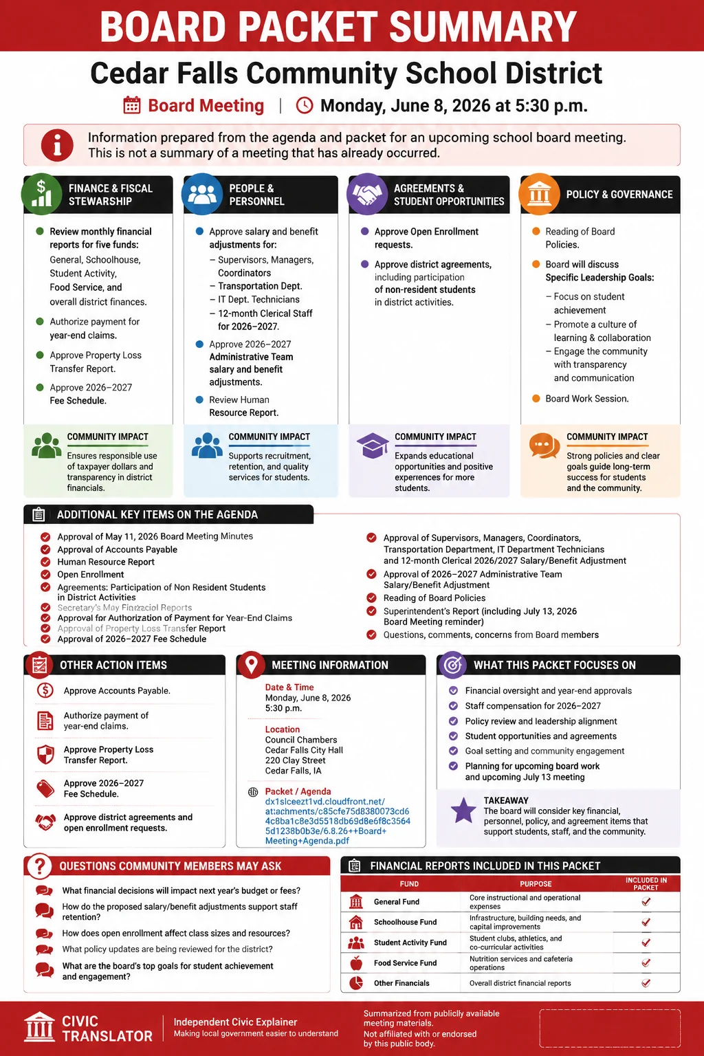 School Board Agenda & Packet Summary – Cedar Falls Community School District – June 8, 2026 infographic
