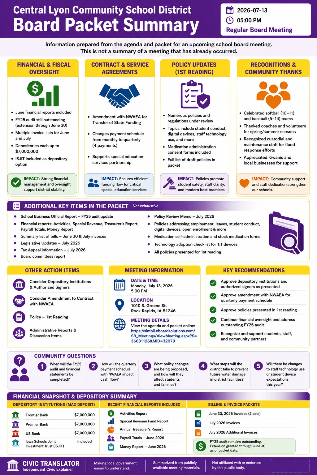 School Board Agenda & Packet Summary – Central Lyon Community School District – July 13, 2026 infographic