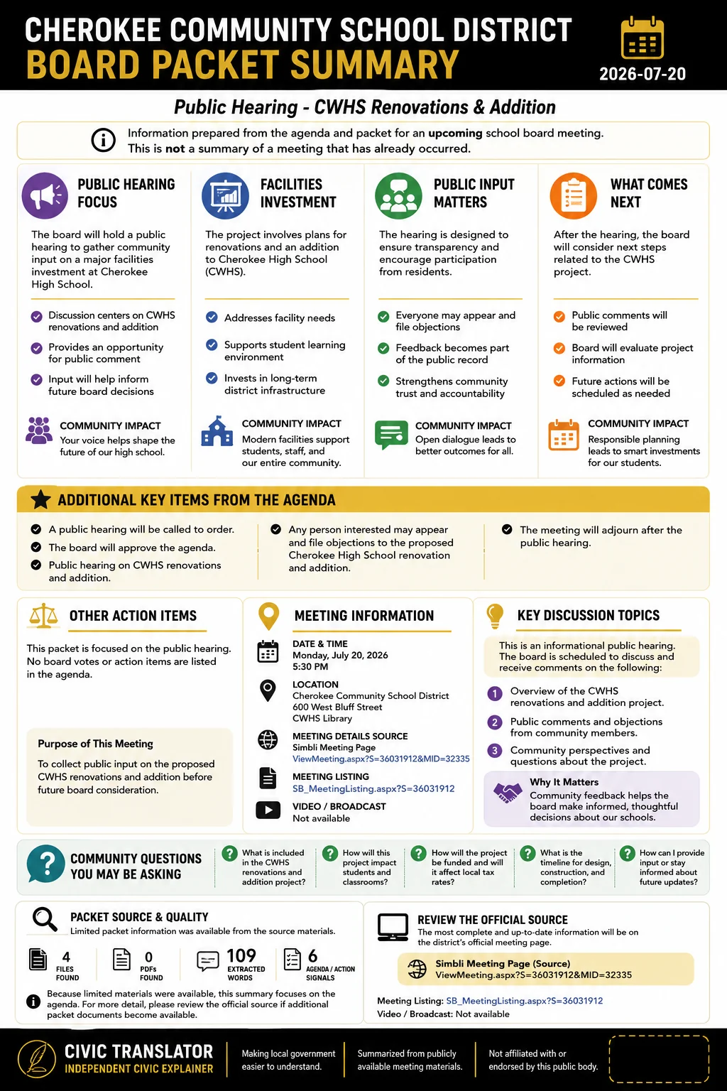 School Board Agenda & Packet Summary – Cherokee Community School District – July 20, 2026 infographic